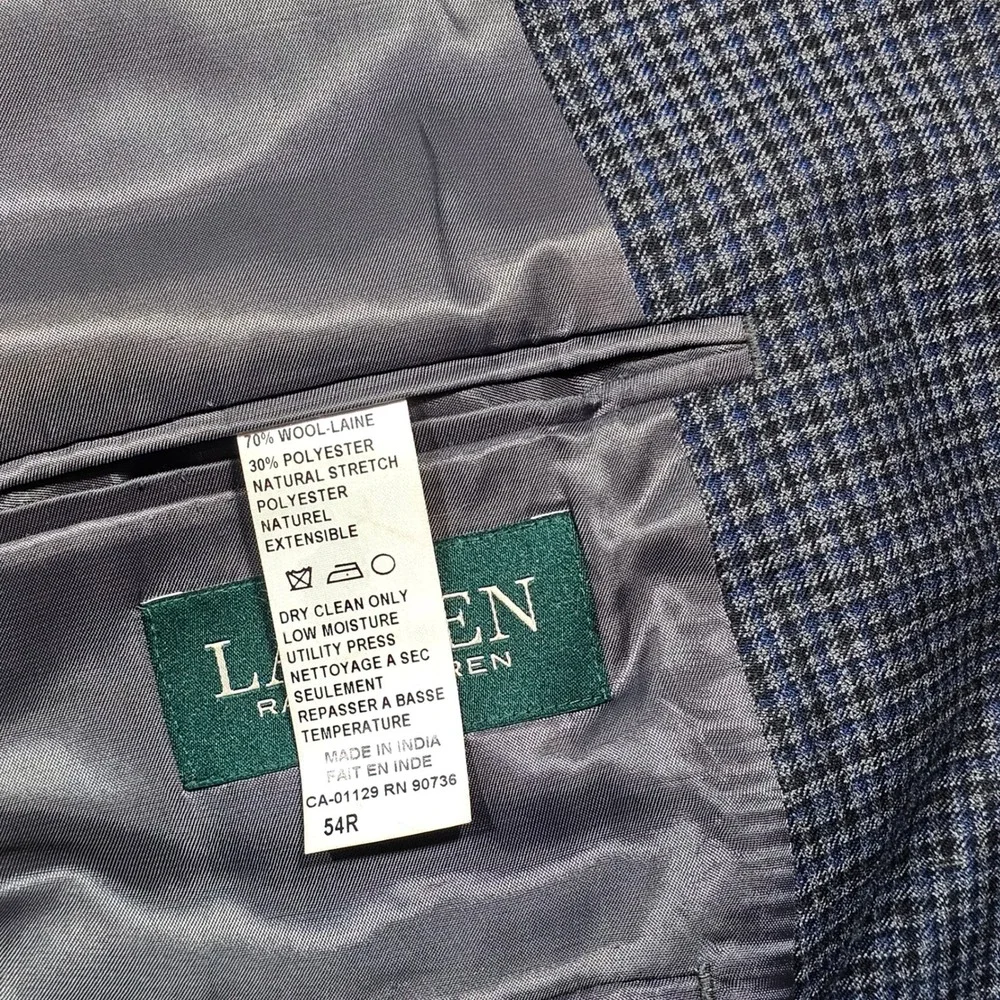 Lauren Ralph Lauren Sport Coat Mens 54R Grey Blue Houndstooth Wool Blend Preppy